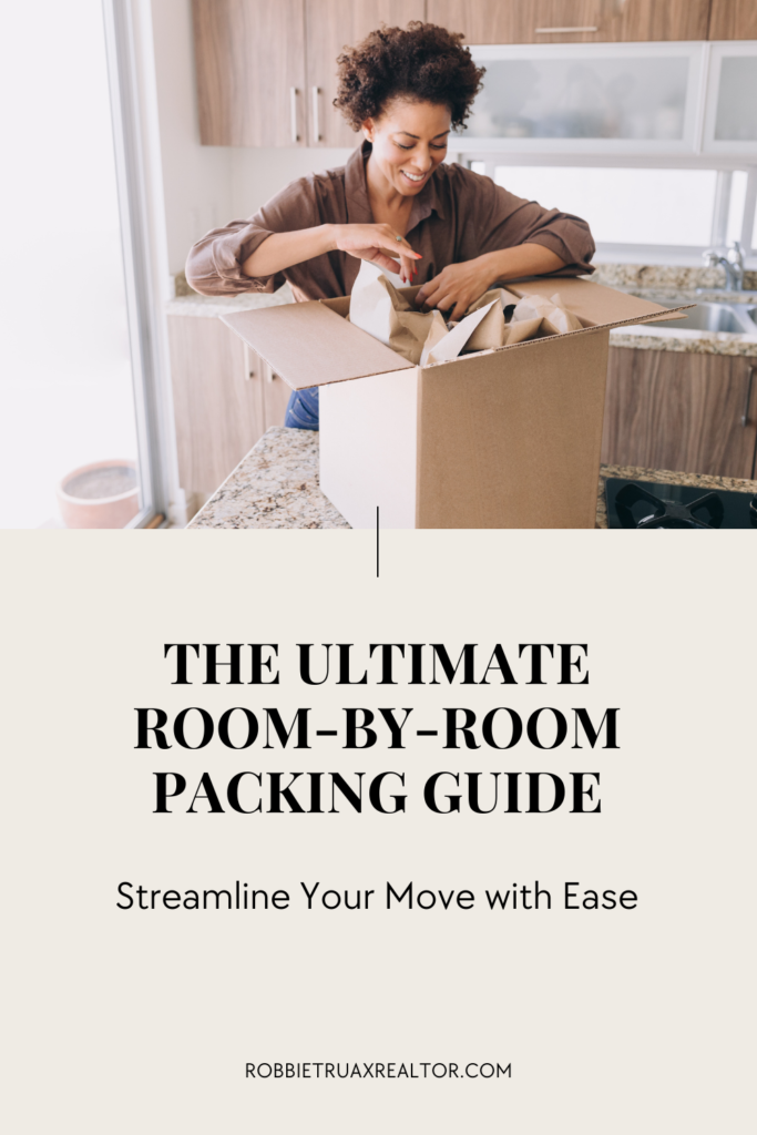 Woman packing moving box.